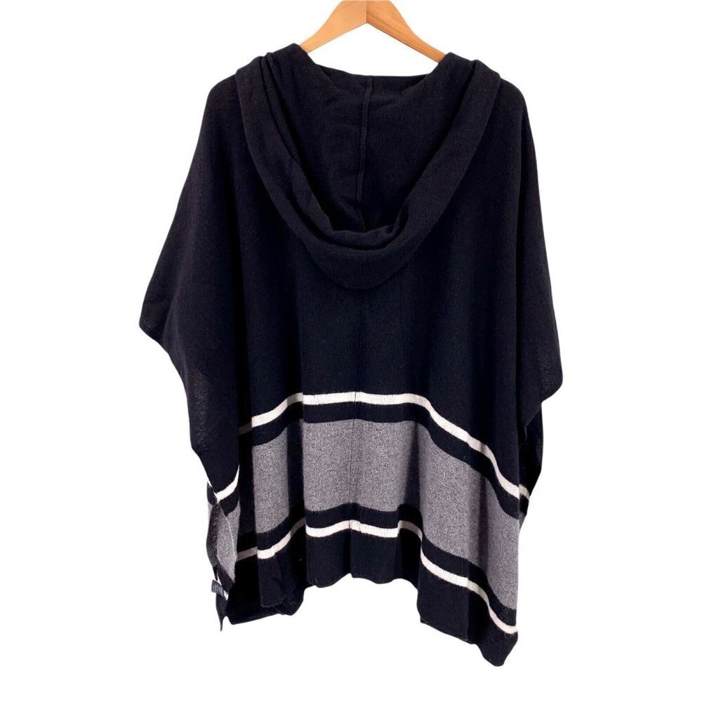 360Cashmere Black White Gray Striped Hooded Poncho One Size 100% Cashmere - Picture 3 of 3